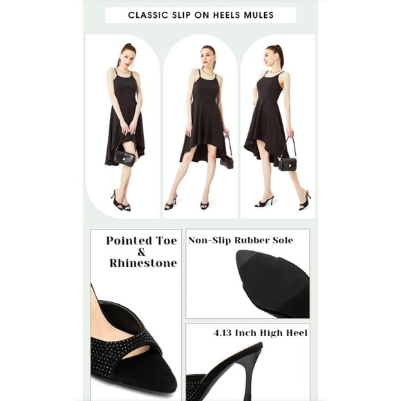 Girgod Rhinestone Black Heels for Women’s Open Pointed Toe Size 10 Dressy Pumps - Picture 10 of 11